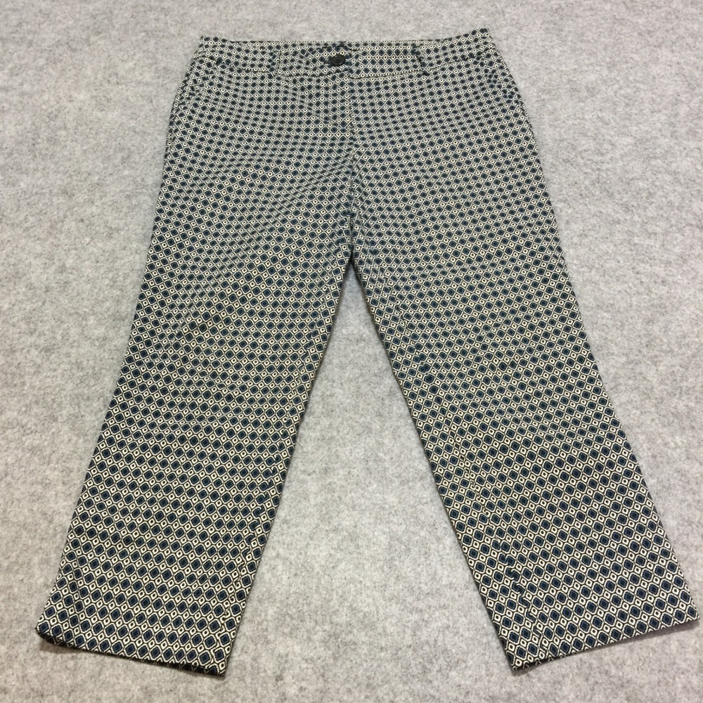 Hilary Radley Womens Blue White Geometric Diamond Print Cropped Pants Size 6